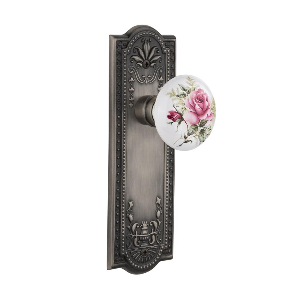 Nostalgic Warehouse MEAROS Passage Knob Meadows Plate with Rose Porcelain Knob without Keyhole in Antique Pewter